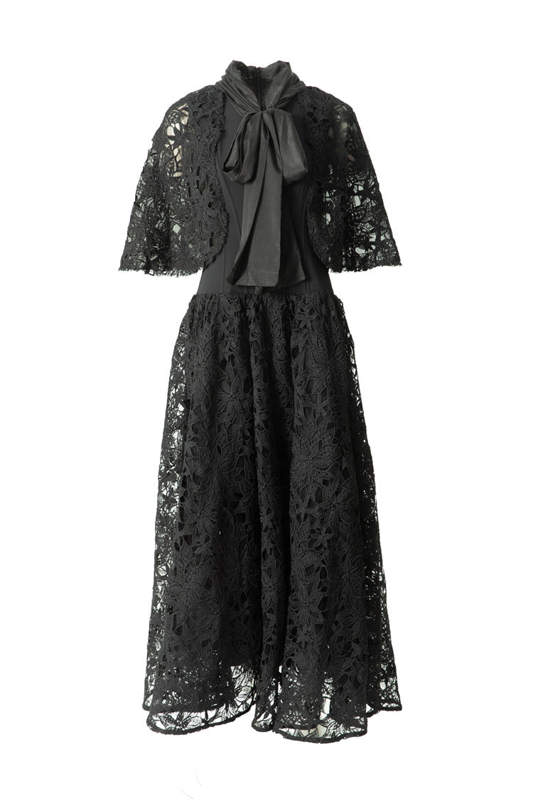 Satin Lace Patchwork Bow Tie Flare Sleeve Maxi Dress SP10057