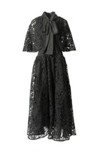 Satin Lace Patchwork Bow Tie Flare Sleeve Maxi Dress SP10057