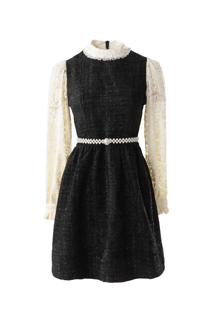 Lace Sleeve Tweed Mini Dress with Pearl Belt SP10088