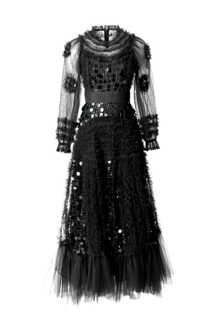 Black Sequin Ruffled Tiered Tulle Maxi Dress SP10062