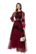 Burgundy Velvet Beaded Tulle Ruffled Sleeve Maxi Dress – French Luxury SP10006