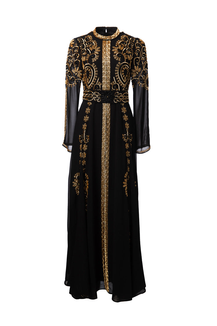 Black & Gold Sequin Embellished Middle Eastern Maxi Dress SP10021