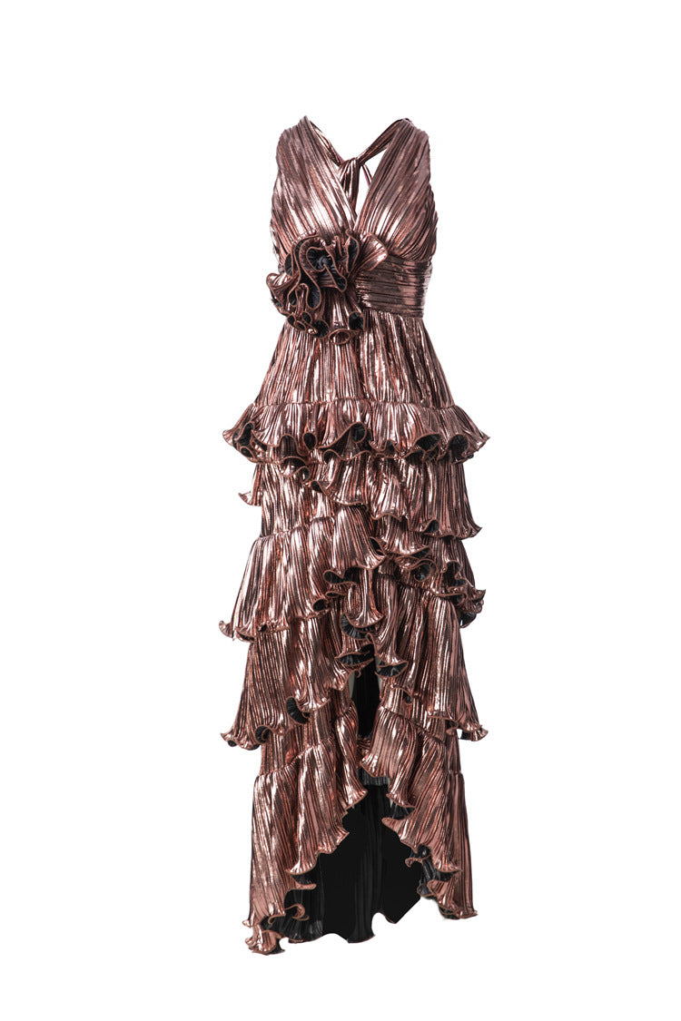 Metallic 3D Floral Tiered Ruffle High-Low Maxi Dress SP10096