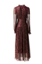Burgundy Metallic Thread Ruched Waist Maxi Dress with Beaded Neckline SP10001