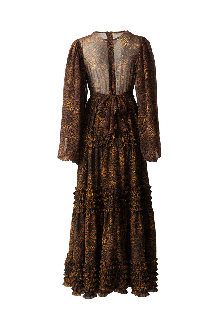 Leopard Print Tiered Ruffle Chiffon Maxi Dress SP10039