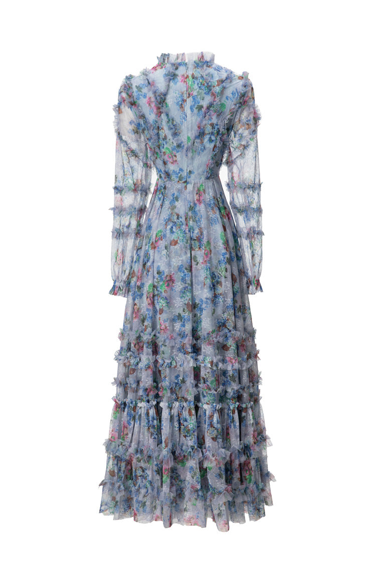 Light Blue Floral Ruffled Tulle Tiered Maxi Dress – French Fairy Style SP10011