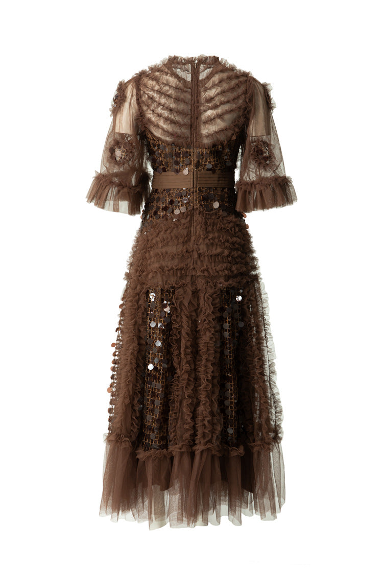 Brown Sequin Ruffled Tiered Organza Maxi Dress SP10061