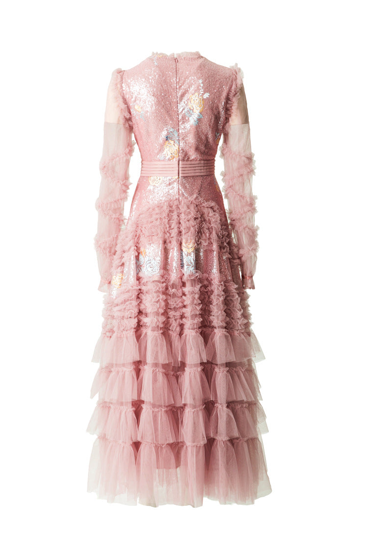 Sequin Embroidery Tiered Tulle Maxi Dress with Ruffled V-Neck SP10055