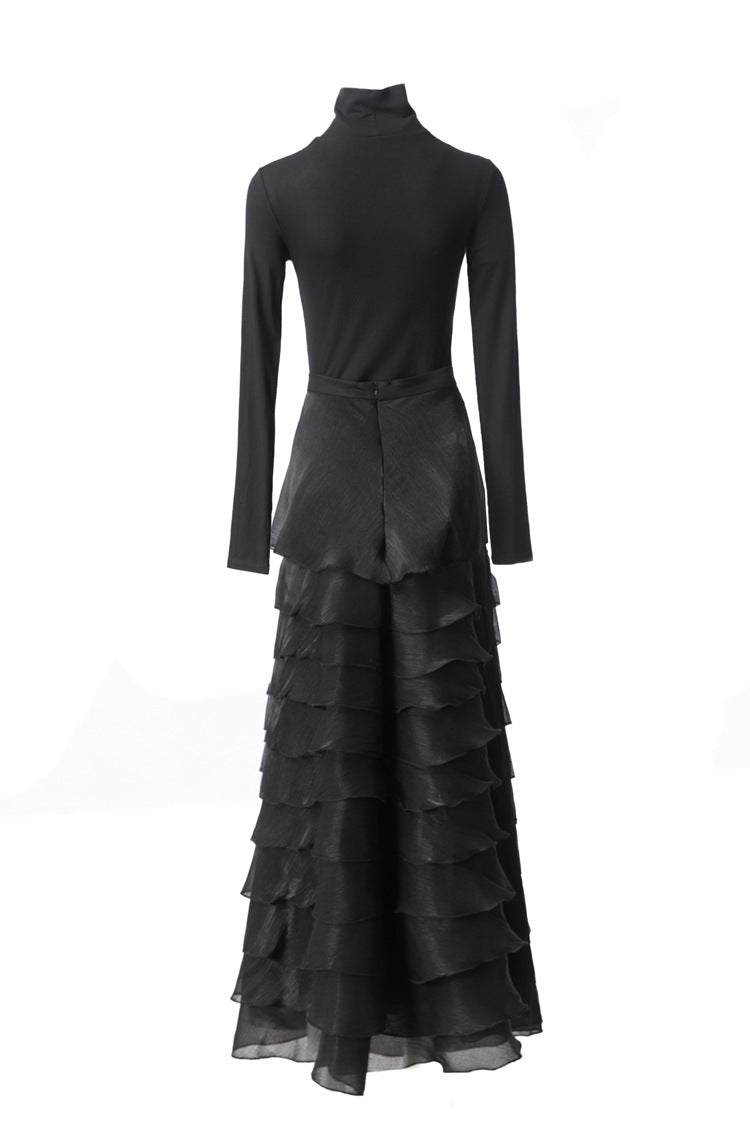 Black 2-Piece Ruffle Tiered Maxi Dress with Ruffle Neck Top SP10105