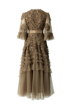 Taupe Geometric Sequin Tiered Tulle Maxi Dress SP10040
