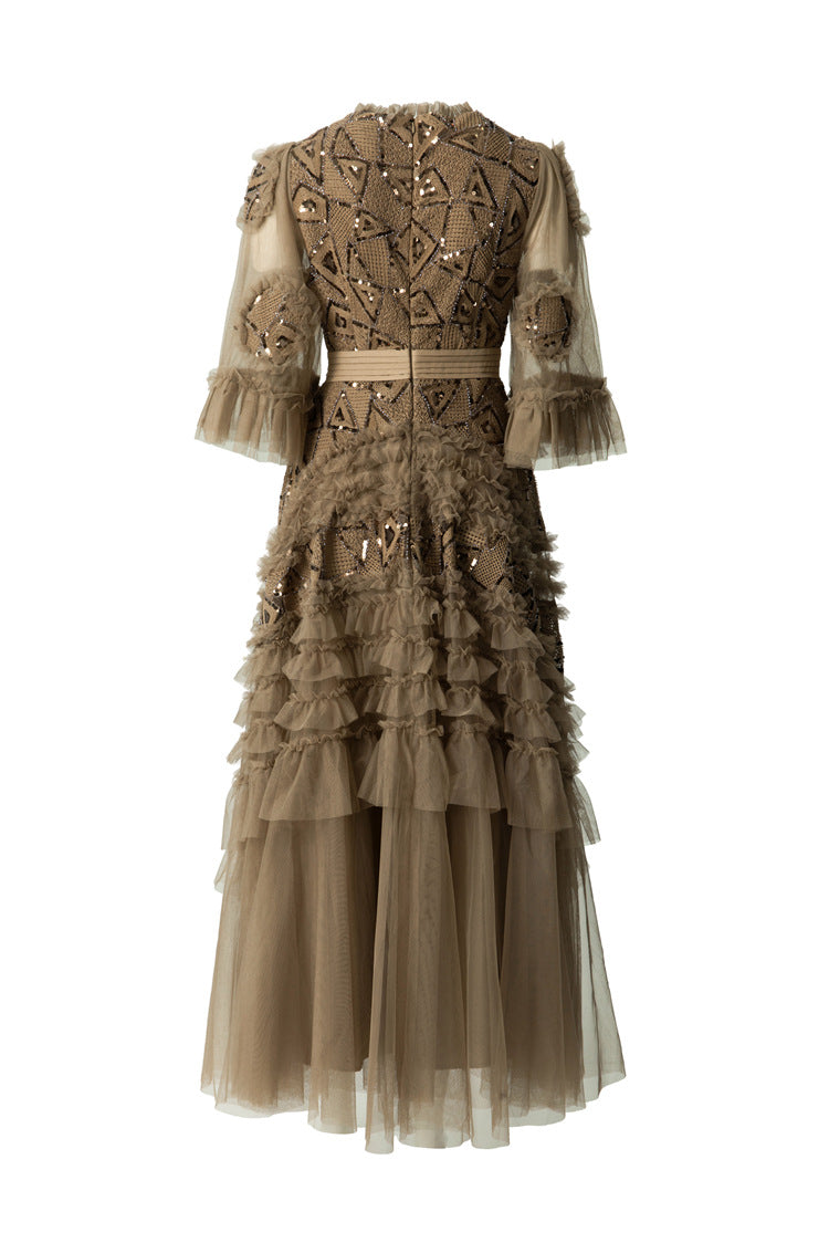 Taupe Geometric Sequin Tiered Tulle Maxi Dress SP10040