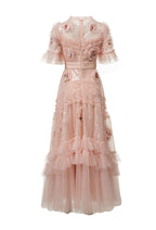 Pink Sequin 3D Floral Ruffled Tulle Maxi Princess Dress SP10023