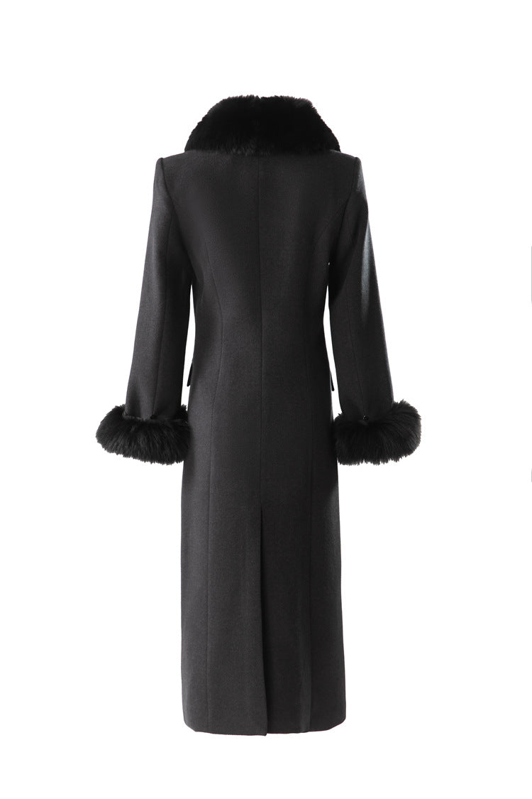 Fur Trim Double-Breasted Maxi Wool Coat Dress SP10078