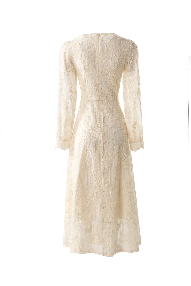 Scalloped V-Neck Lace Embroidered Midi Dress with Lining SP10071