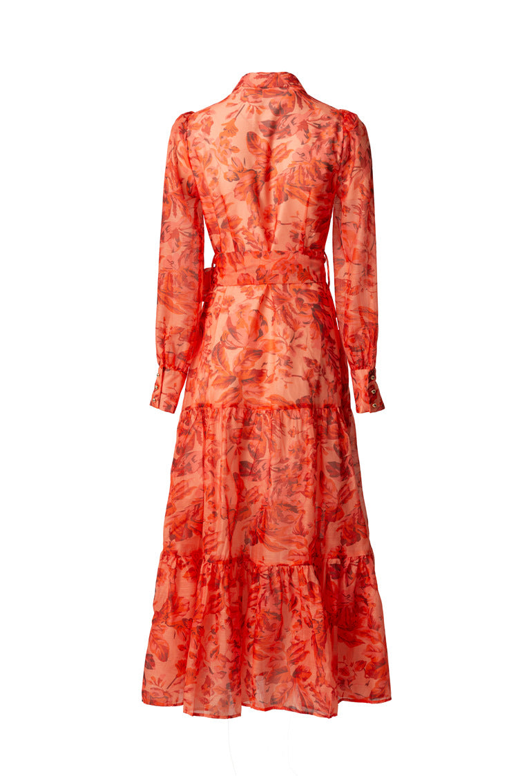Orange Floral Print Collared Tiered Ruffle Maxi Dress SP10047
