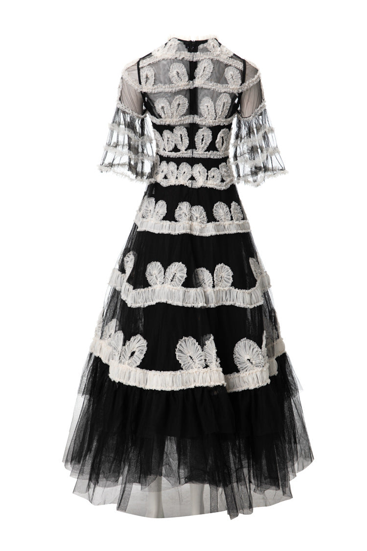 Black & White 3D Floral Embroidered Tiered Tulle Maxi Dress SP10028