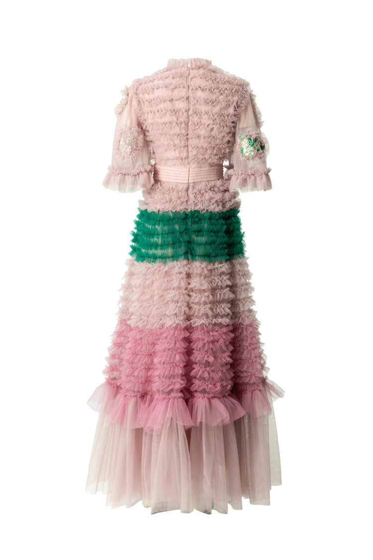 Pink Green Floral Embroidery Tiered Tulle Maxi Dress SP10049