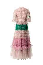 Pink Green Floral Embroidery Tiered Tulle Maxi Dress SP10049