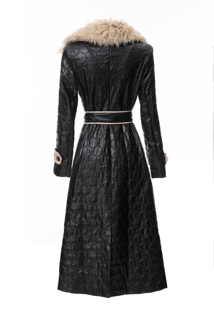 Black Quilted Faux Leather Contrast Trim Maxi Trench Coat SP10030