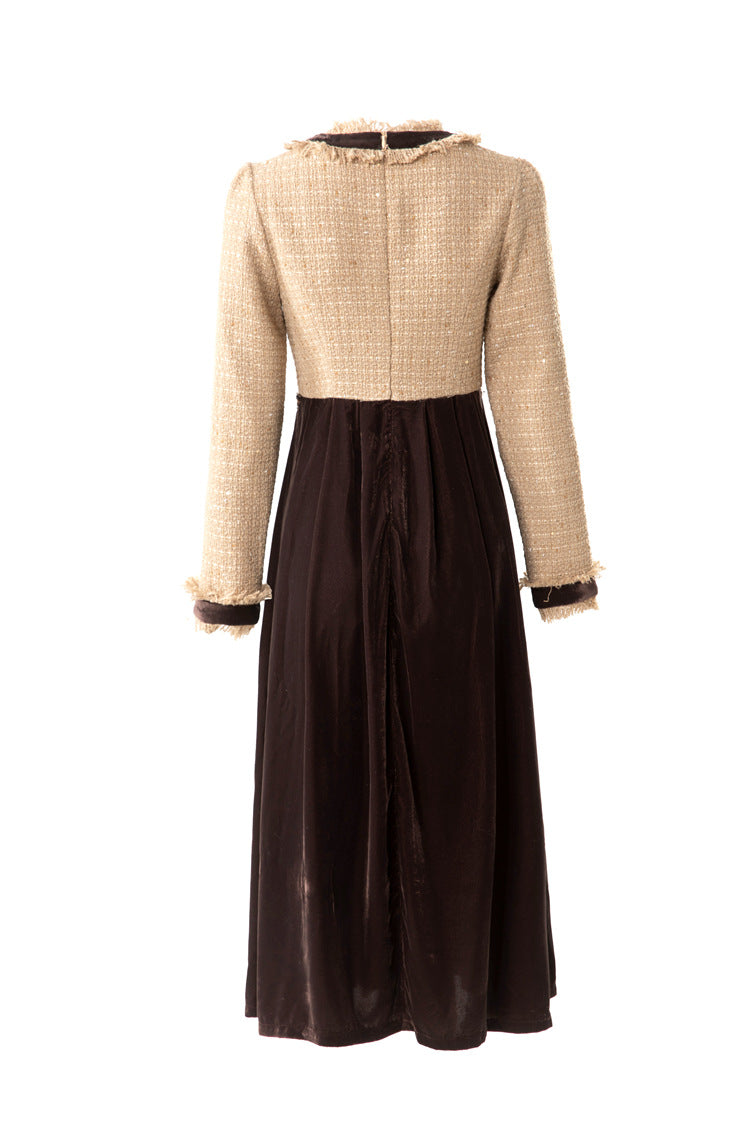 Frayed Collar Tweed Velvet Patchwork Midi Dress SP10072