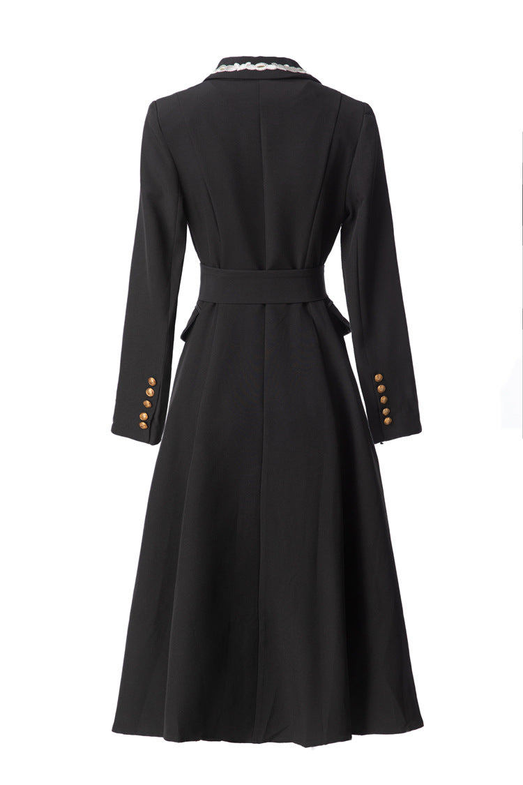 Black Blazer Dress with Braided Trim Lapel & Gold Double Breasted Buttons SP10115