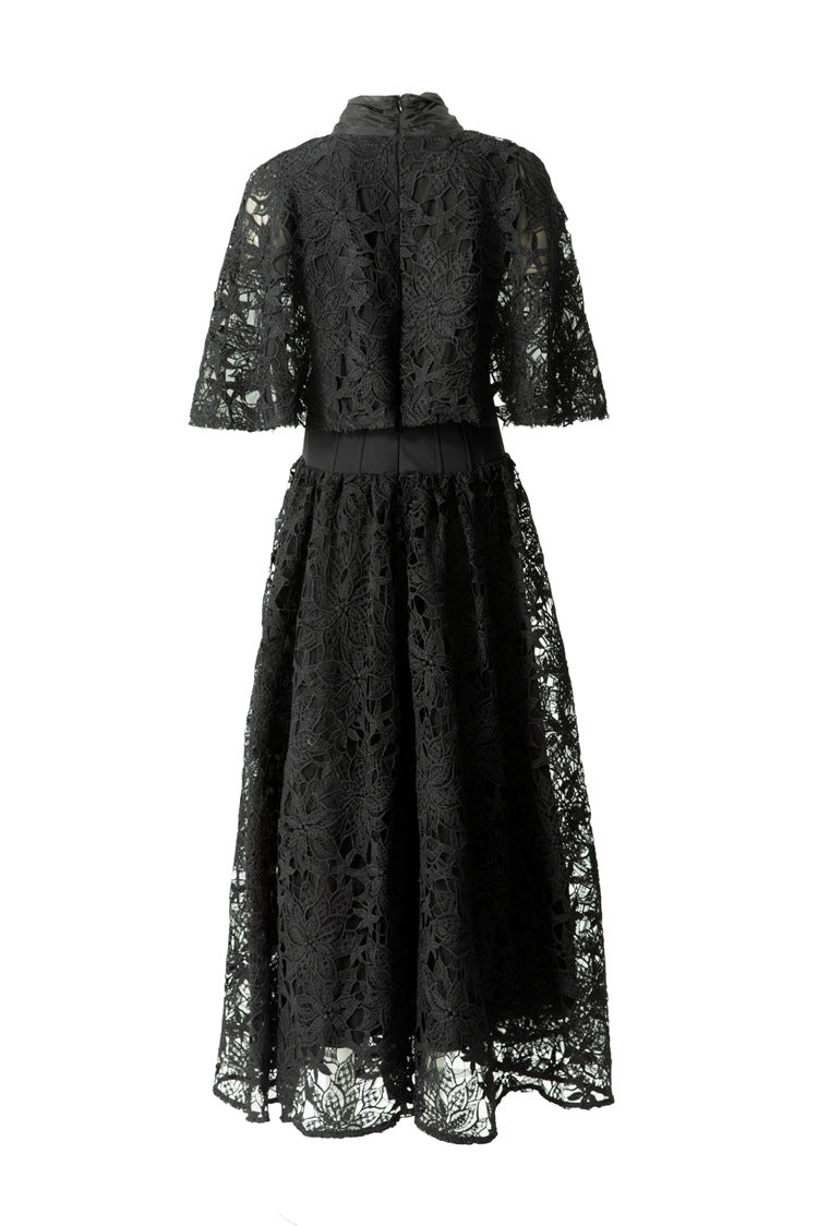 Satin Lace Patchwork Bow Tie Flare Sleeve Maxi Dress SP10057
