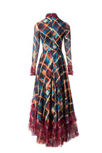 Ruffled Neck Plaid Print Tiered Tulle Maxi Dress SP10091