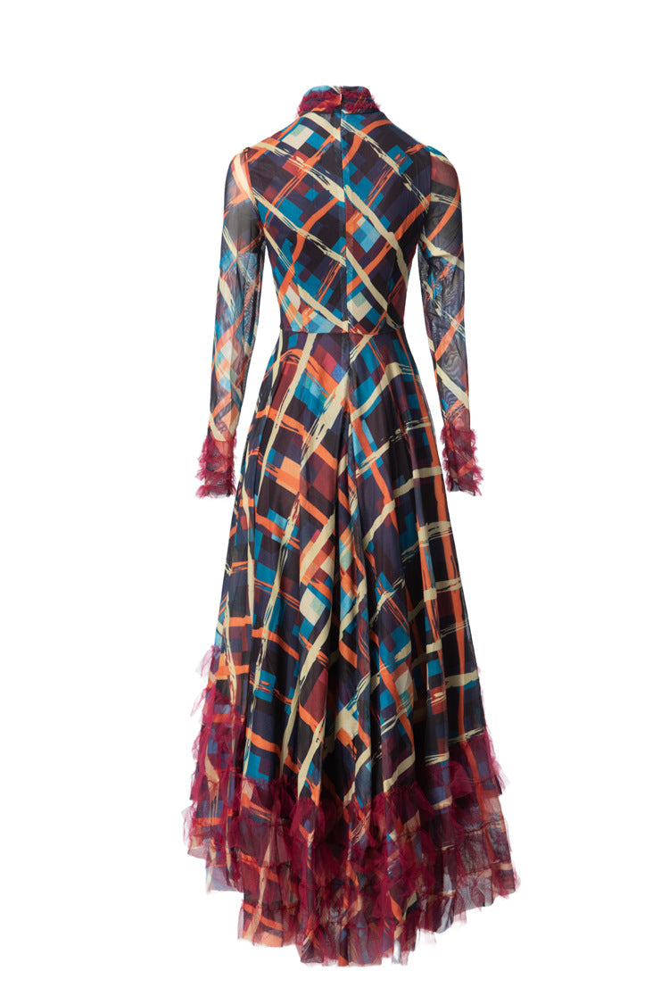 Ruffled Neck Plaid Print Tiered Tulle Maxi Dress SP10091