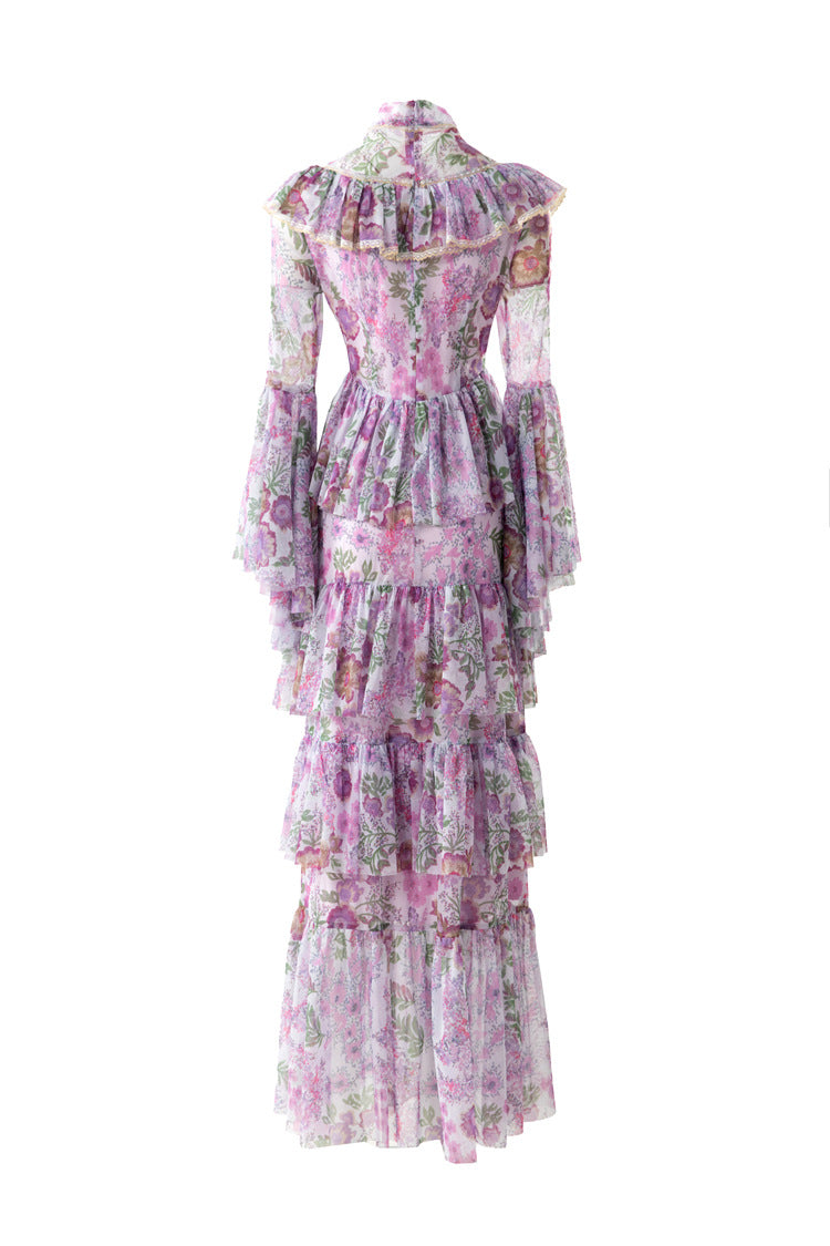 Ruffled High Neck Floral Tiered Cake Maxi Dress SP10075