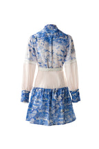 Blue White Porcelain Print Lace Cutout Shirt Dress with Belt SP10065