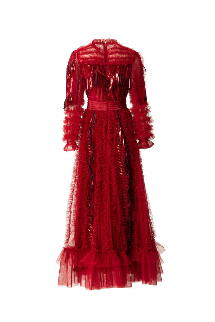 Red Fringe Sequin Tiered Tulle Maxi Dress SP10054