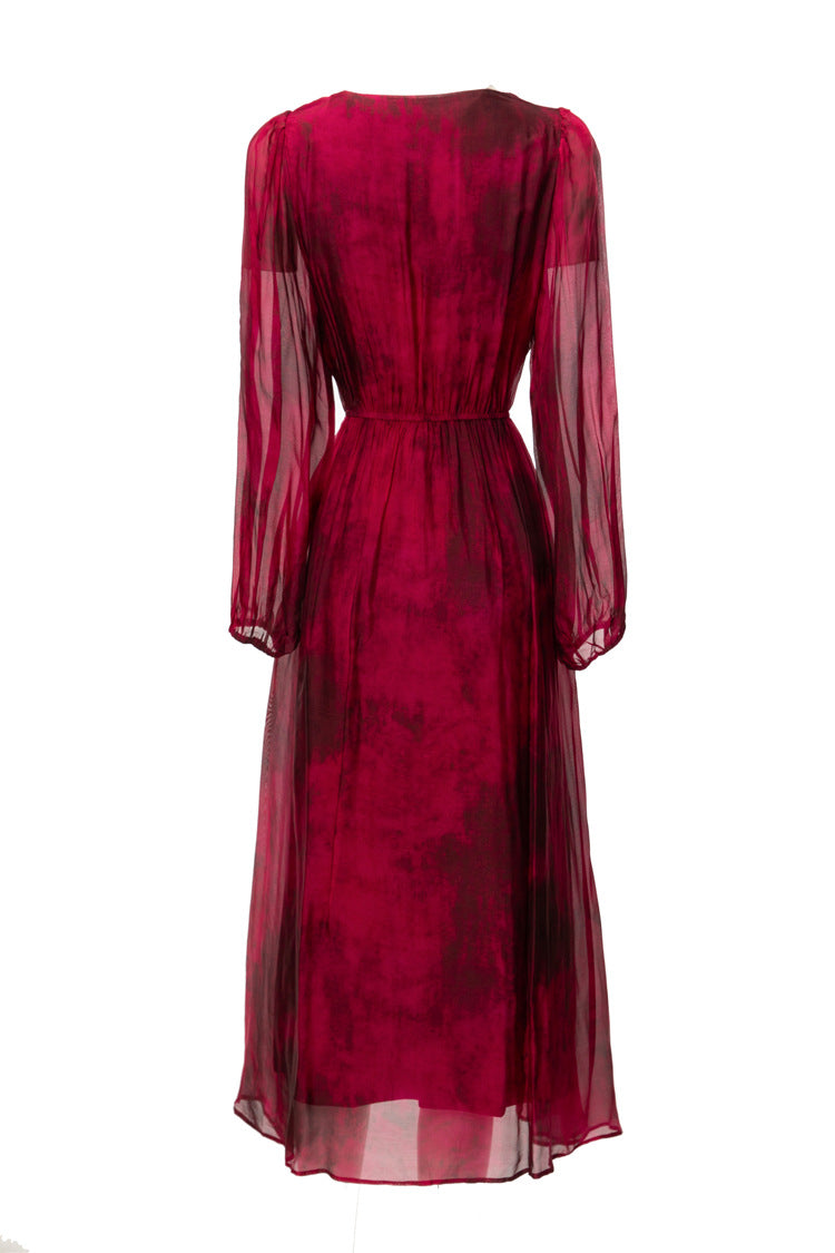 Silk Asymmetrical V-Neck Cinched Waist Midi Dress – French Luxury SP10029