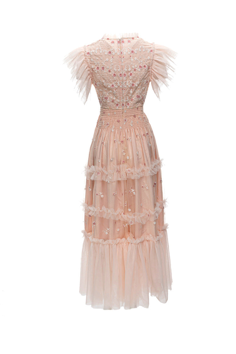 Pink Floral Embroidered Tulle Ruffled Sleeve Midi Dress – French Luxury SP10004