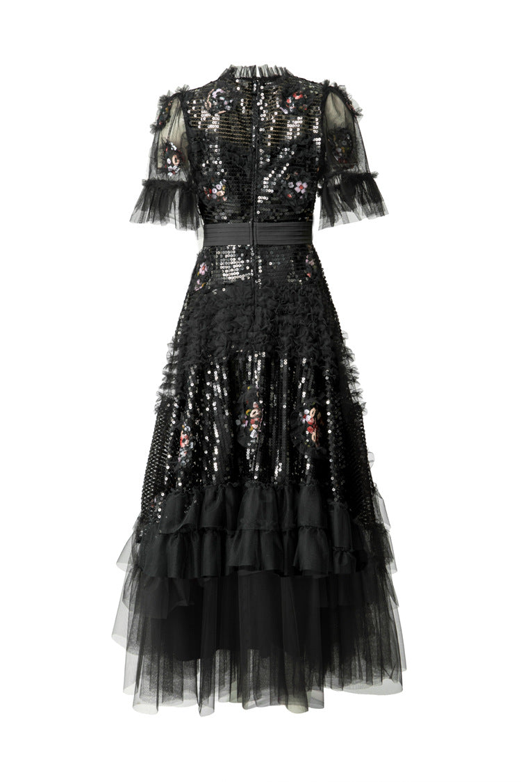 Sequin Floral Embroidered Tiered Tulle Maxi Dress – Ruffled Neck SP10037