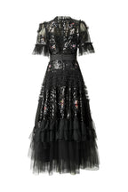 Sequin Floral Embroidered Tiered Tulle Maxi Dress – Ruffled Neck SP10037