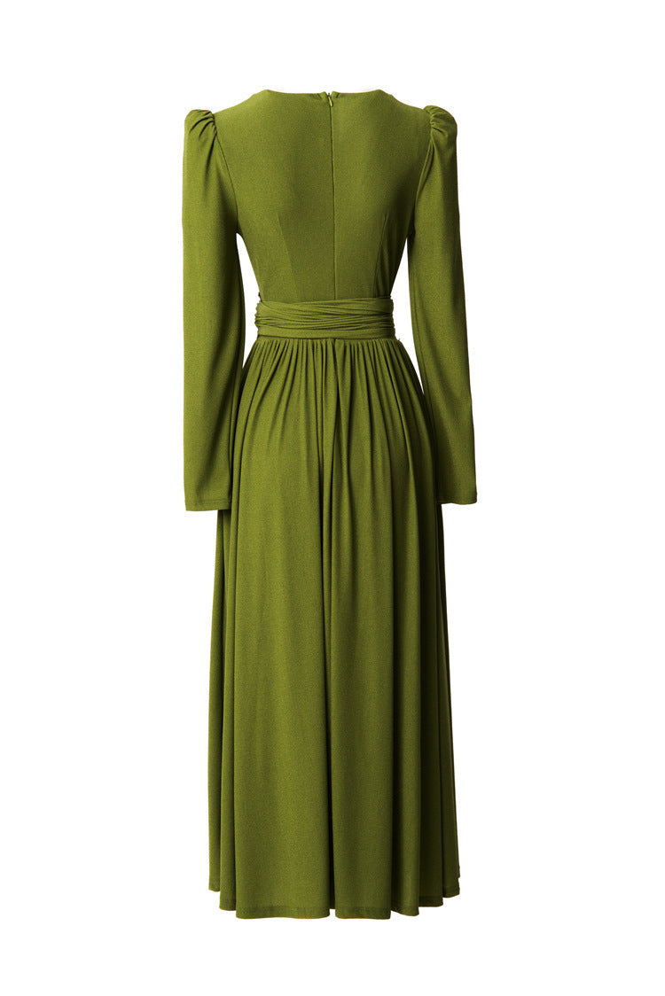 V-Neck Puff Sleeve Waist Embroidery Flared Midi Dress SP10059