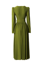 V-Neck Puff Sleeve Waist Embroidery Flared Midi Dress SP10059