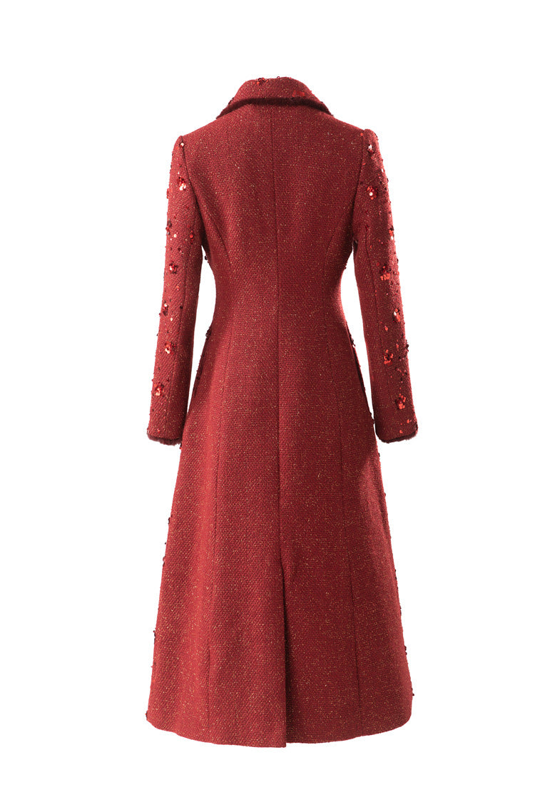 Red Sequin Double Breasted Maxi Coat – Luxury Winter Overcoat SP10017