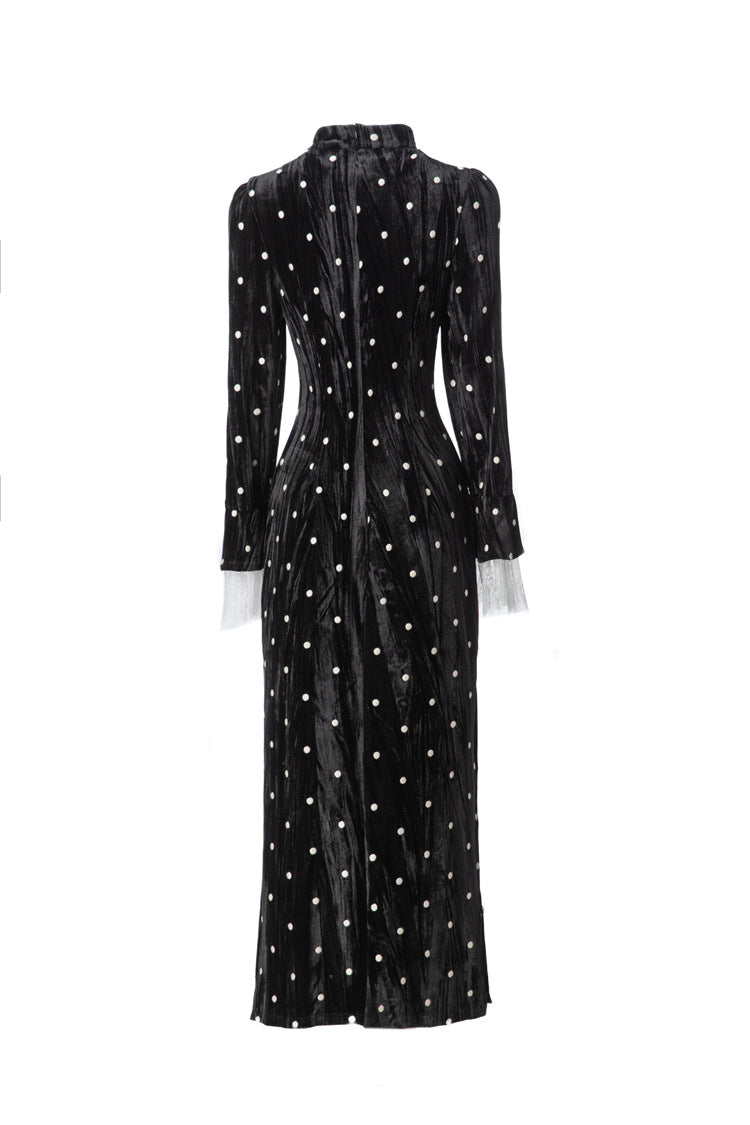 Velvet Polka Dot Lace Flare Sleeve Qipao Midi Dress SP10095