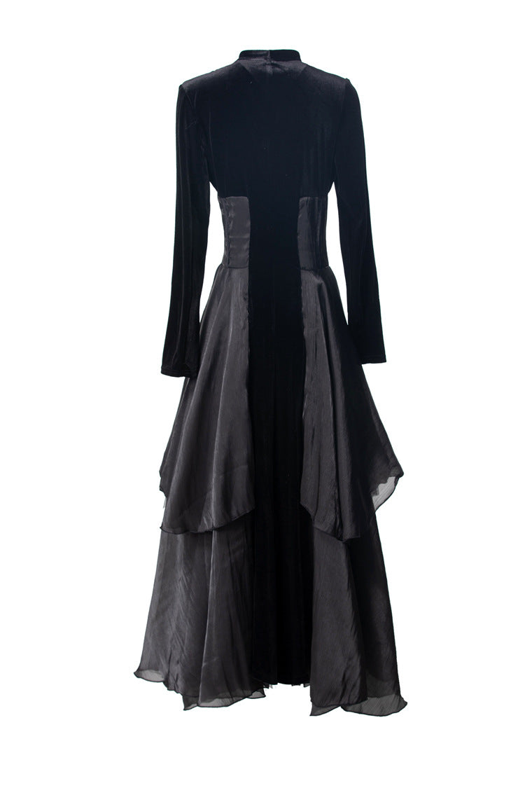 Black Velvet Layered Organza Maxi Dress – French Elegant Evening Gown SP10009