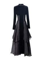 Black Velvet Layered Organza Maxi Dress – French Elegant Evening Gown SP10009