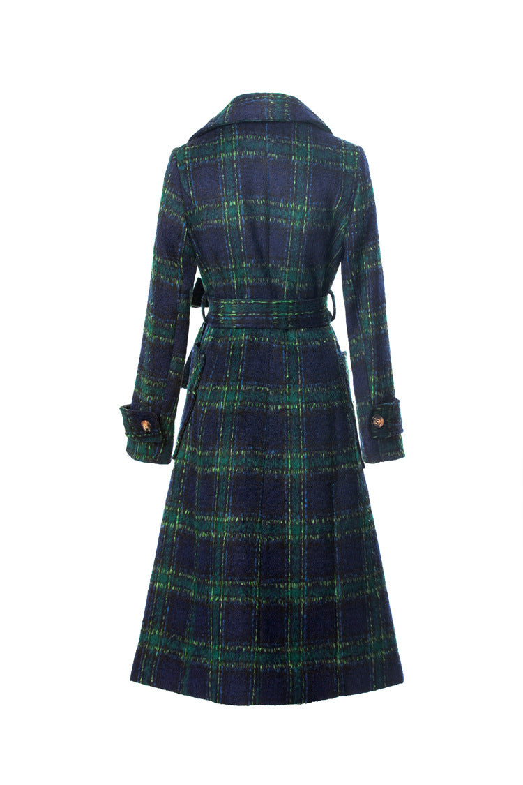 British Style Plaid Wool Blend Long Coat with Belt – Vintage Luxury Overcoat SP10003