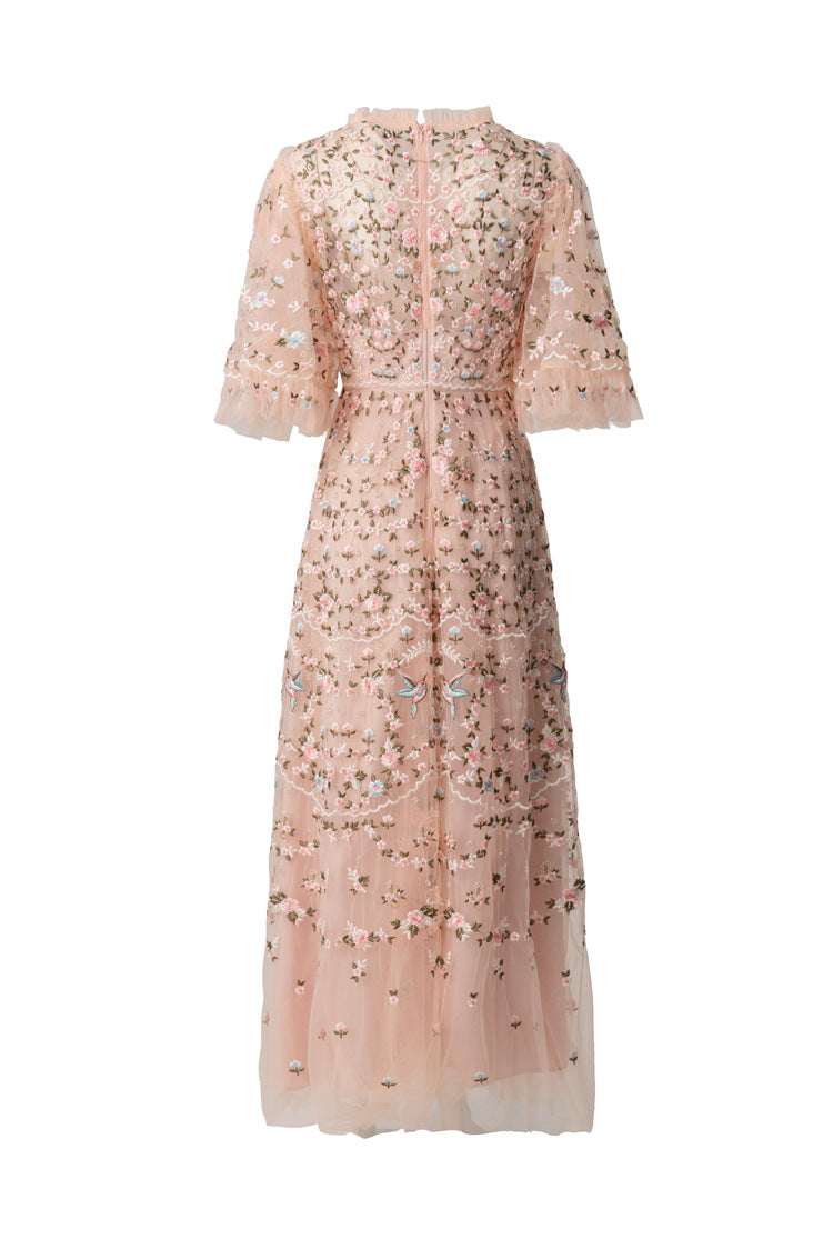 Pink Floral Bird Embroidered Tulle Flutter Sleeve Maxi Dress SP10035