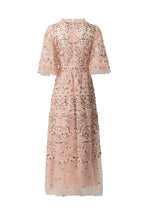 Pink Floral Bird Embroidered Tulle Flutter Sleeve Maxi Dress SP10035