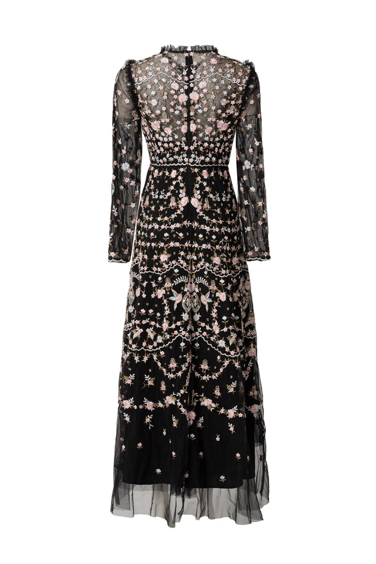 Black Floral Bird Embroidered Ruffled Neck Tulle Maxi Dress SP10036