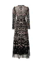 Black Floral Bird Embroidered Ruffled Neck Tulle Maxi Dress SP10036