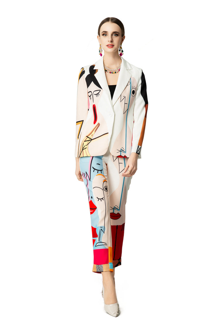 Abstract Face Print Blazer & Cropped Pants Two-Piece Set SP10052