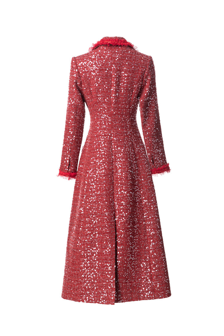 Red Sequin Fringe Trim Double-Breasted Maxi Coat SP10093