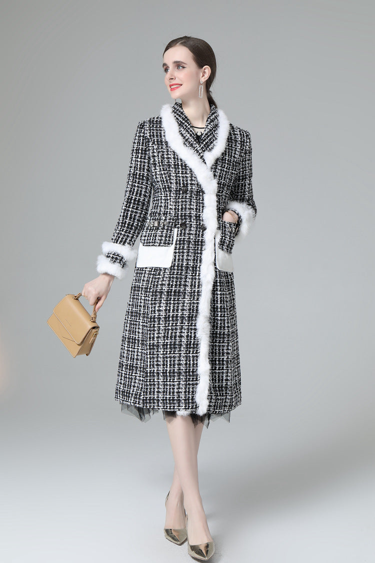 Plaid Tweed Faux Fur Trim Double Breasted Midi Coat SP10033