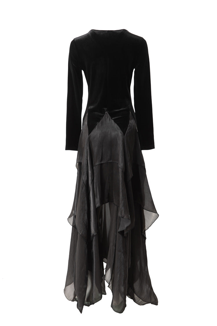 Velvet Satin Asymmetrical Tiered Maxi Dress with Floral Brooch SP10081